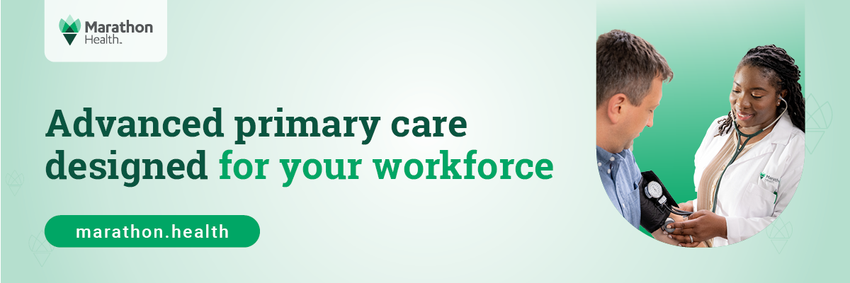 Marathon Health ad: Advanced primary care designed for your workforce with photo of a woman taking a man's blood pressure over a green background. Button reads: marathon.health