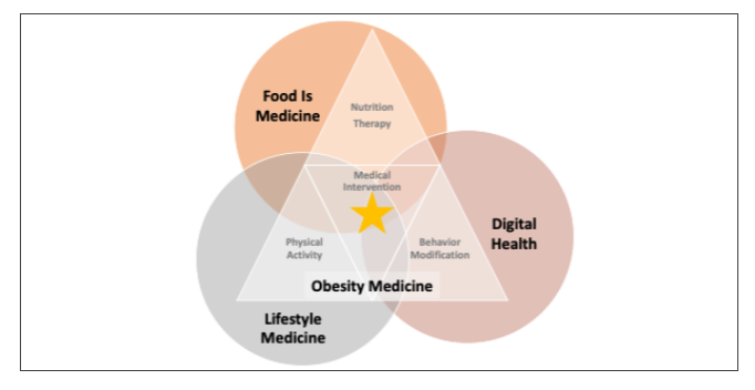 A Venn diagram with Food is Medicine, Digital Health, and Lifestyle Medicine, overlaid with a triangle labeled Obesity Medicine