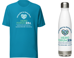 a teal blue t-shirt imprinted with the HERO Forum23 logo, theme, dates, and location, and a white water bottle with a metal top and bottom, imprinted with the HERO Forum23 logo, theme, and dates